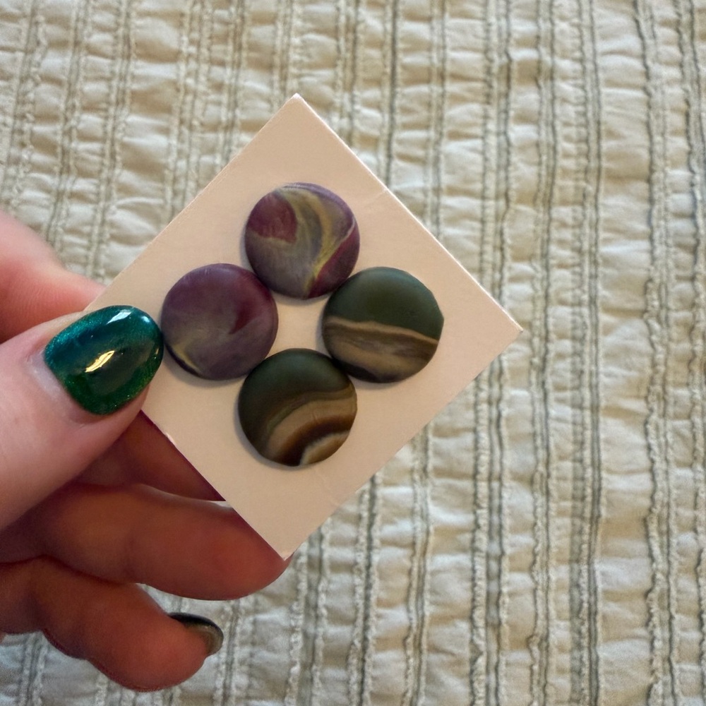 Handmade Clay Stud Earrings | 2 Pairs | Purple Swirl & Green Swirl | Boho